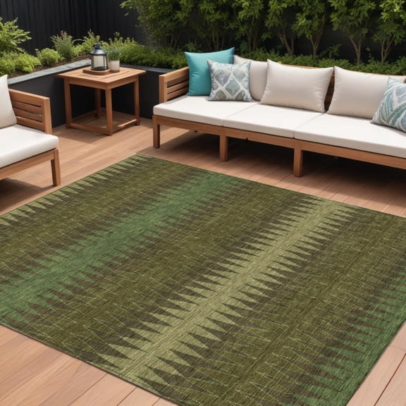10' X 14' Olive Green And Dark Green Striped Washable Indoor Outdoor Area Rug