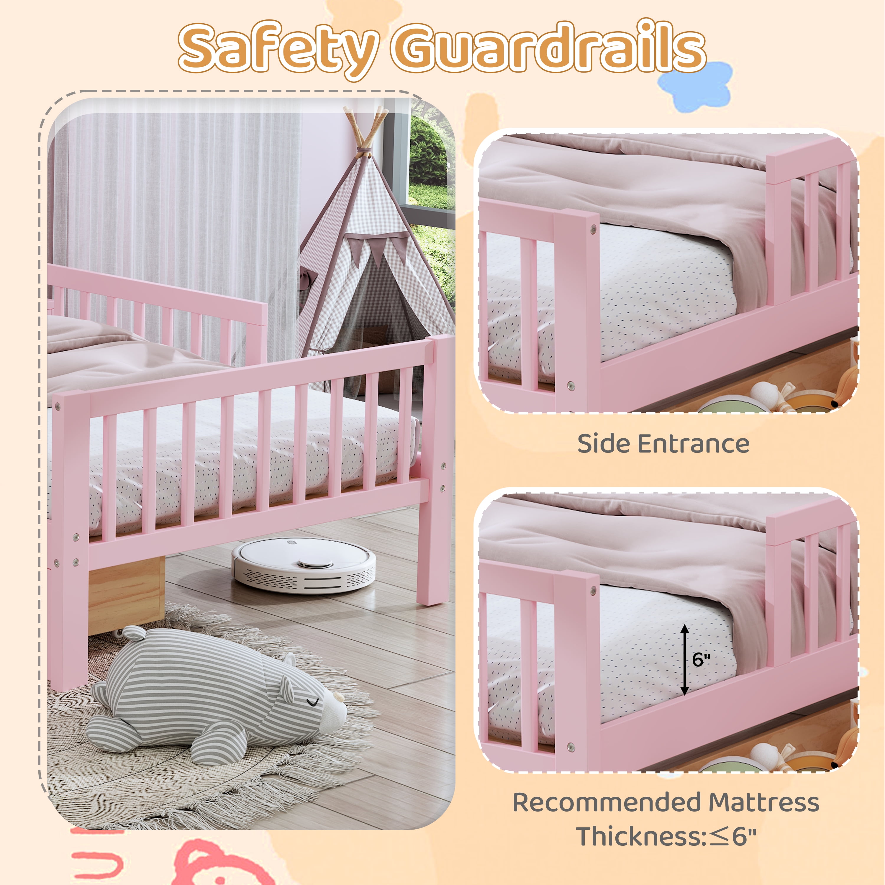 Euroco Wood Twin Size Platform Bed with Storage Headboard and Drawers, Low Profile Bed with Guardrails for Kids and Toddlers, Pink