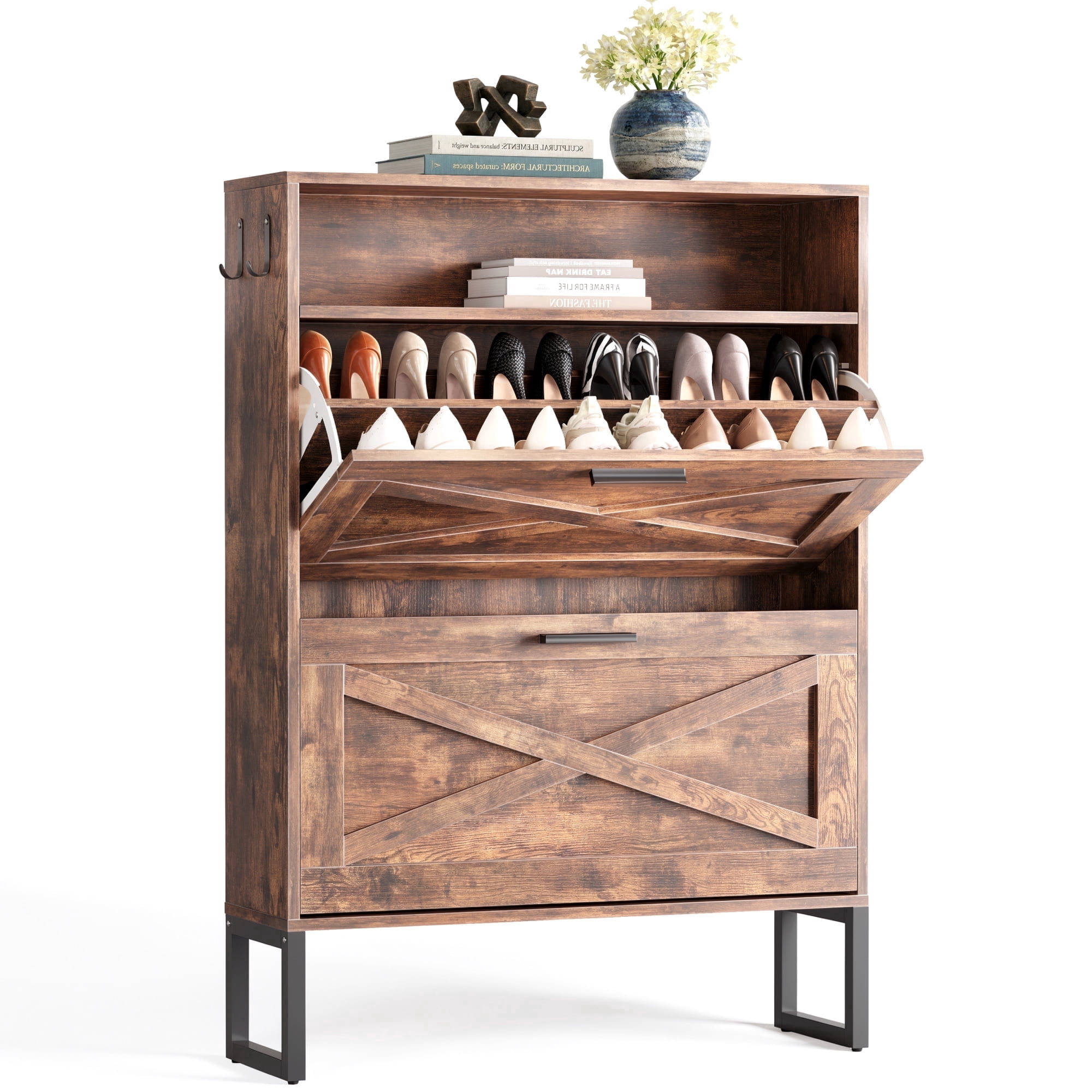 Furnibear Shoe Cabinet with Flip Door Shoe Storage for Entryway and Closet, Burnt Wood