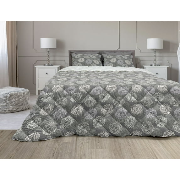Floral Comforter & Sham Bedding Set, Abstract Illustration of Dahlia Flowers Composition Petal Prints, 3 pcs Duvet Set Microfiber Filling Quilt, 5 Sizes, Grey Dimgrey and Coconut, by Ambesonne