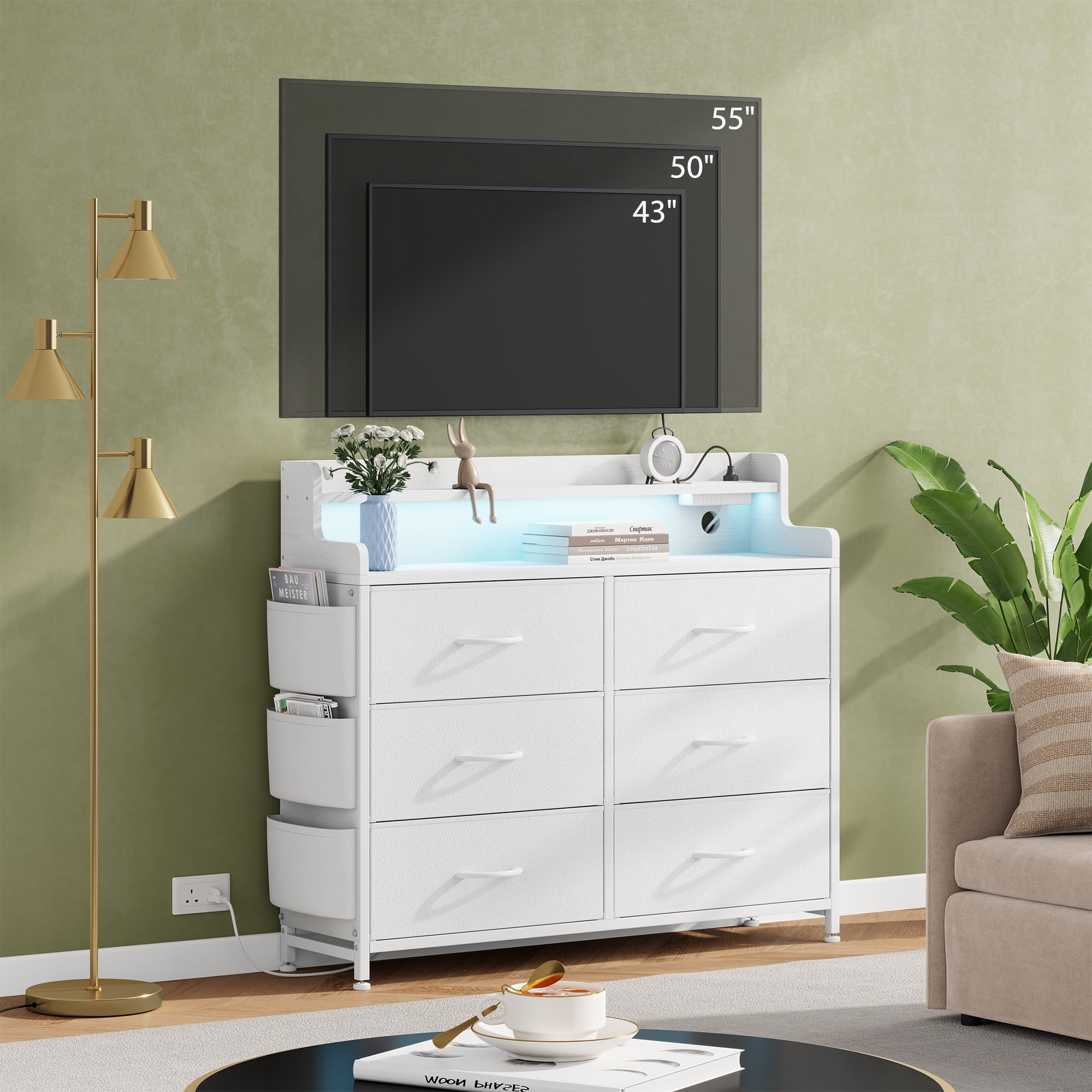 LainTene Dresser for Bedroom, 6 Drawer Dresser with LED Lights and Charging Station, Wide Chest of 6 Drawers with Open Space, Modern Large Capacity Storage Cabinet, Living Room, Hallway