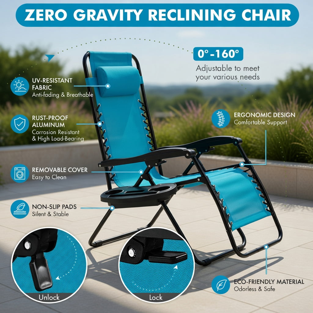 Hommoo Zero Gravity Folding Lounge Chair for Outdoor & Indoor Use, Heavy-Duty Steel Frame, Compact Foldable Design with Cup Holder & Adjustable Recline, Light Blue