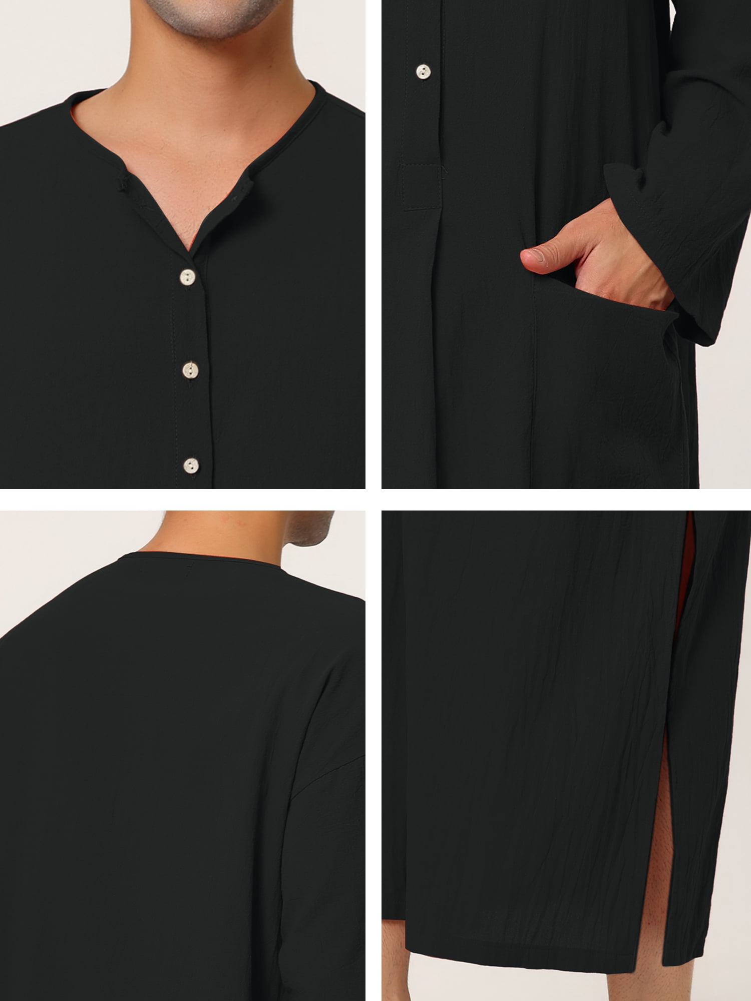Unique Bargains Men's Nightshirt Cotton Sleep Shirt Side Split Long Nightgown L Black