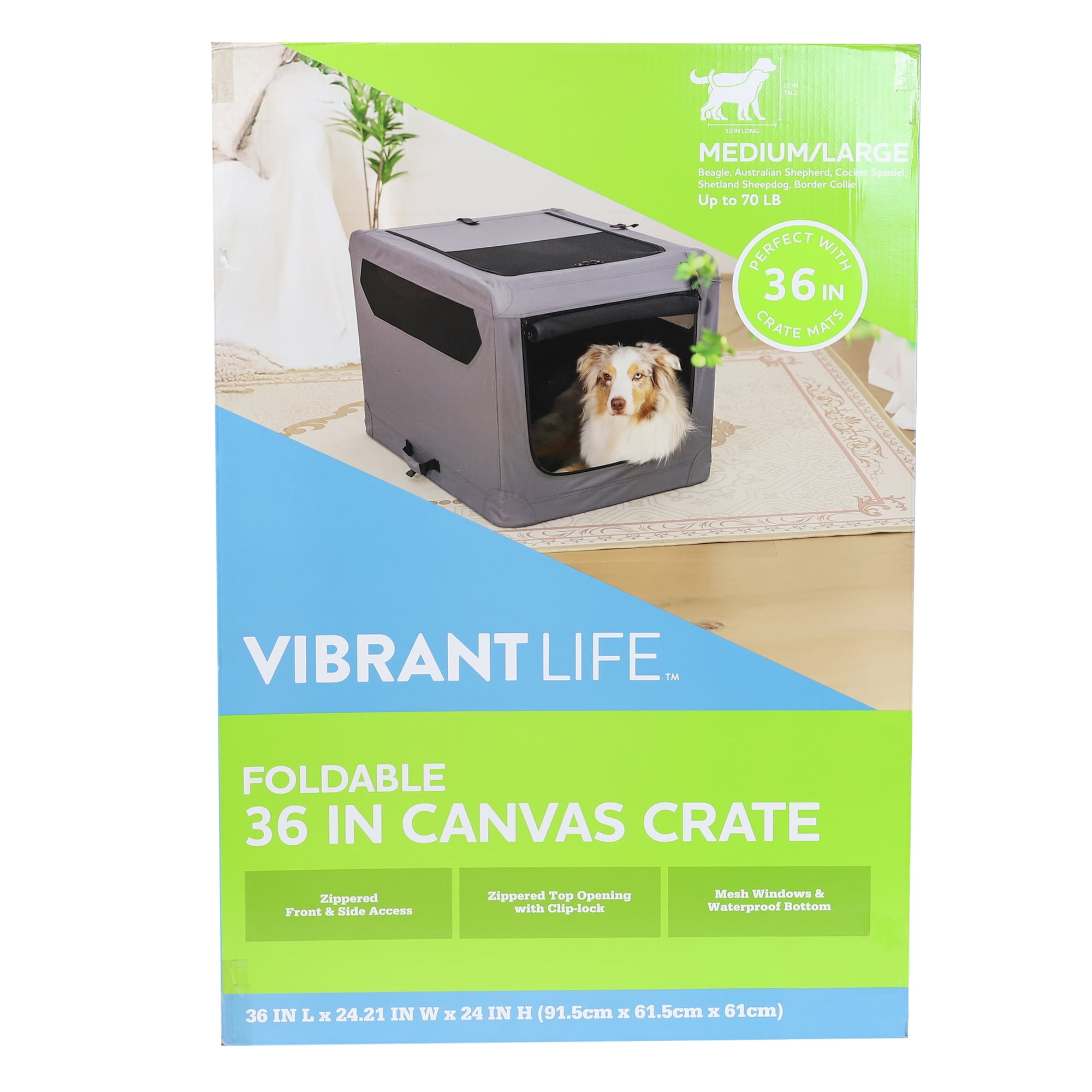Vibrant Life Dog Crate, Foldable, Soft Sided, Breathable Mesh, 3 Zippered Doors, Gray, 36"