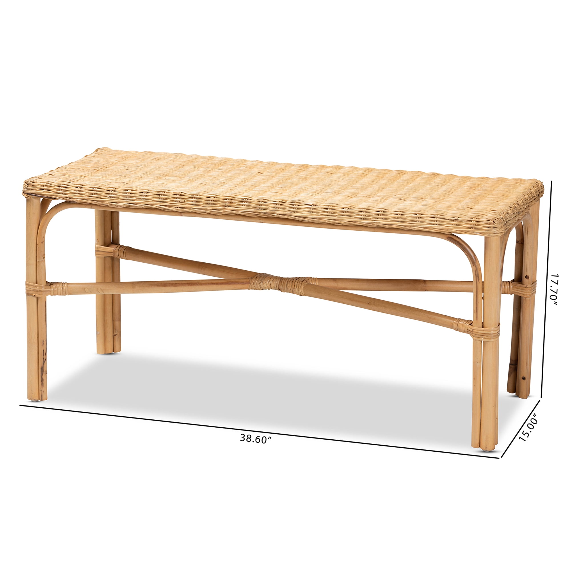 bali & pari Cacaban Natural Rattan Bohemian Accent Bench with Crisscross Base, Natural Brown