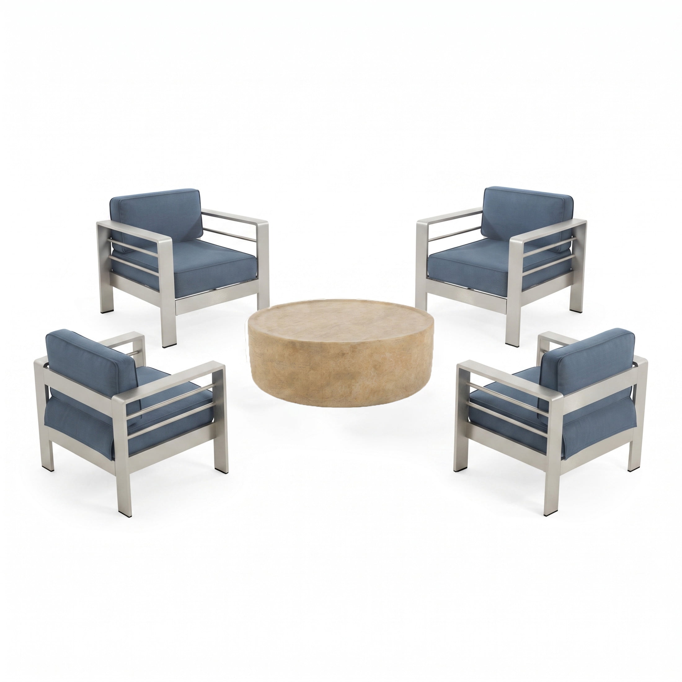 Christopher Knight Home 5-Piece Outdoor Patio Chat Set, Aluminum Club Chairs with Coffee Table, Blue Cushion