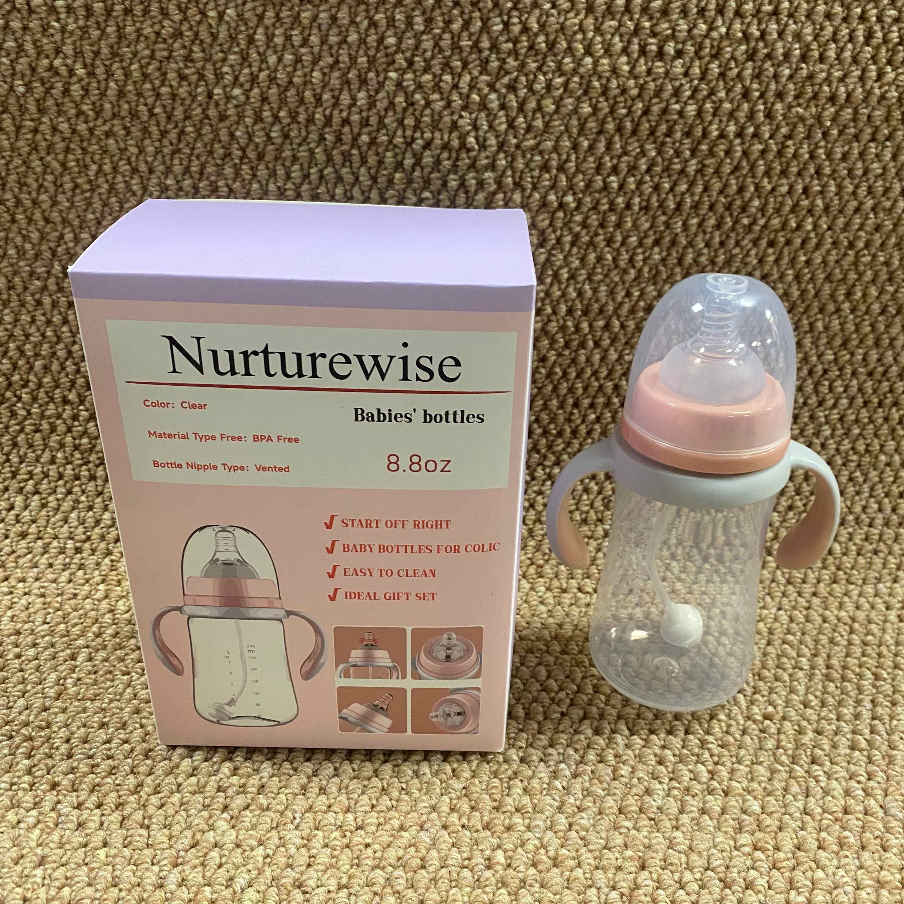Nurturewise Babies' bottles,Bottle with Natural Response Nipple, Wide Neck Bottles with Handle, Newborn Anti-Colic Bottles Gift Set, Clear (8.8oz)
