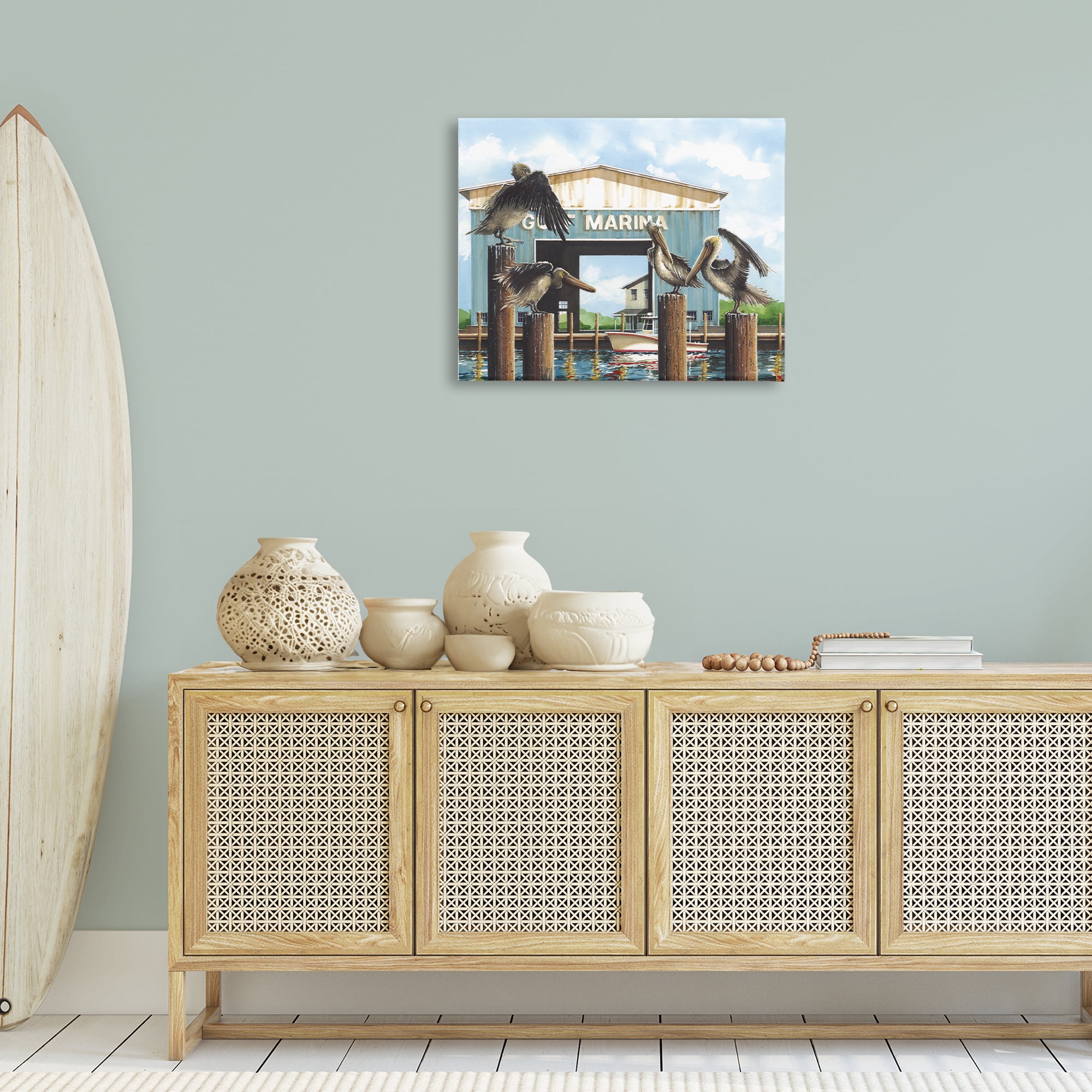 Stupell Industries Boat Marina Pelicans Nautical & Beach Painting Wrapped Canvas Art Print Wall Art, 30 x 24