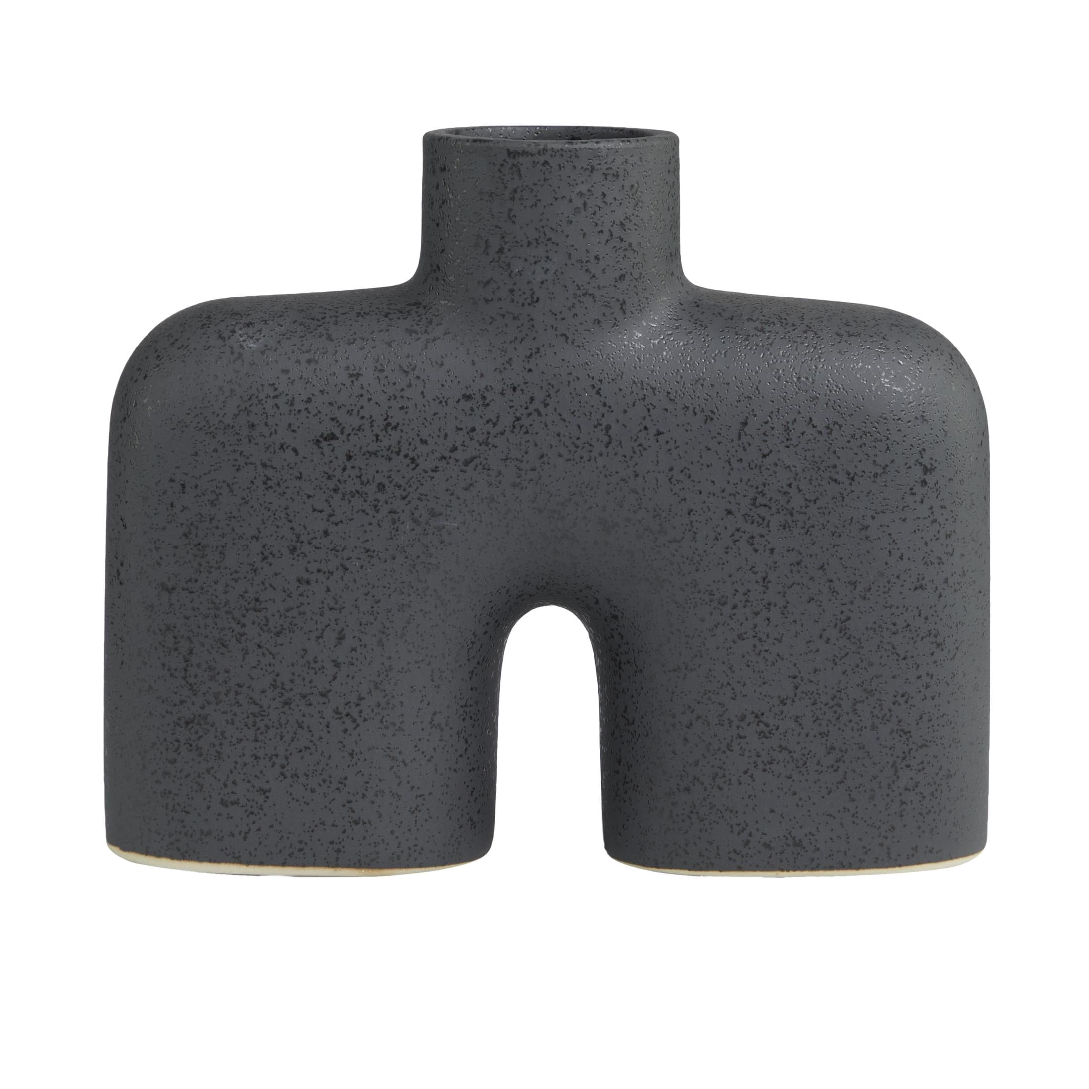 DecMode 9" Abstract Short Rounded Arched Black Ceramic Vase with Glossy Speckled Texture