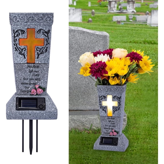 Solar Cemetery Grave Vase with LED for Fresh Artificial Flowers, Headstones Vases with Spikes, Memorial Gifts for Loss of Loved One