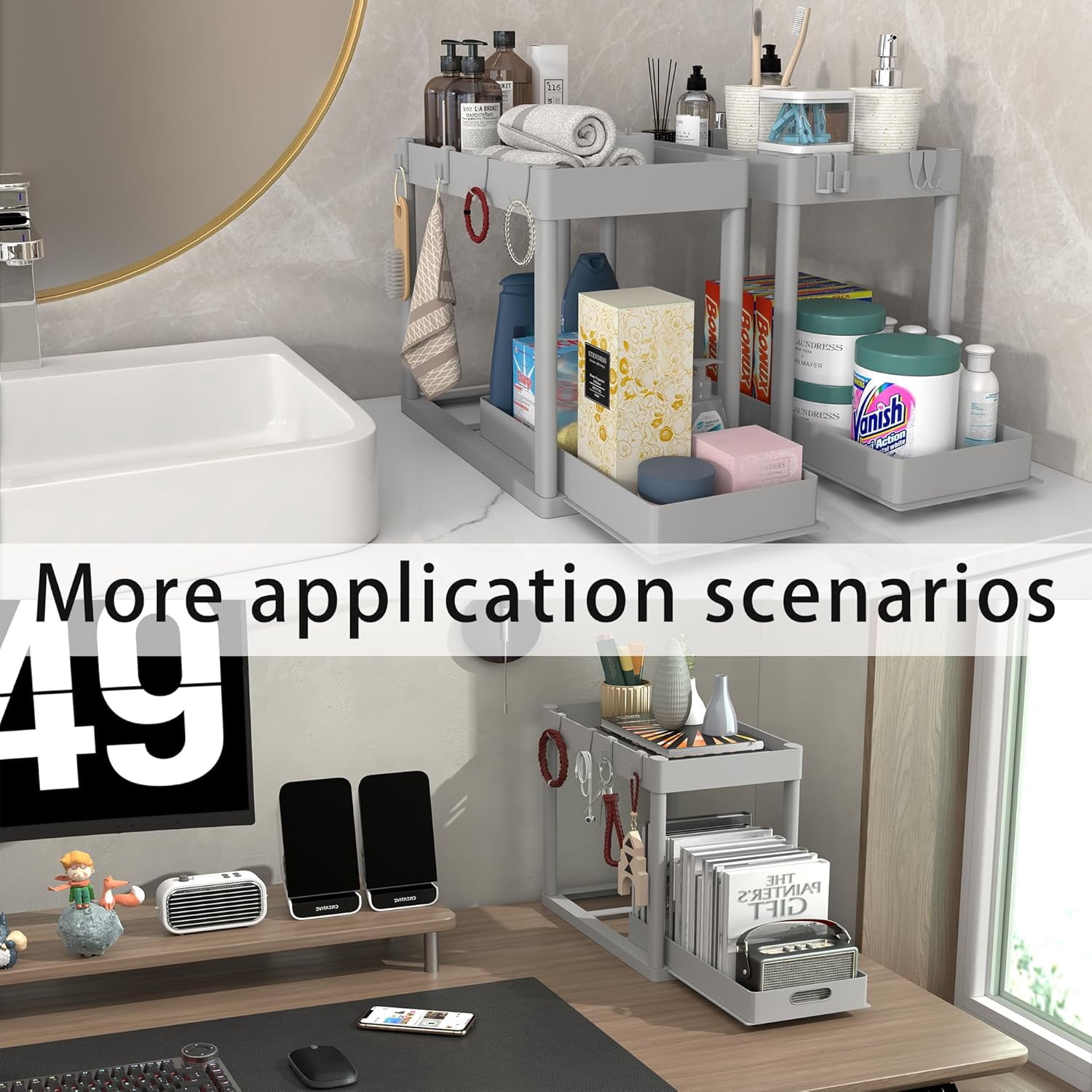 2PC Under Sink Organizer Rack 2 Tier Sliding Cabinet Basket with 4 Hooks - Multi-Purpose Storage for Kitchen Bathroom Desktop