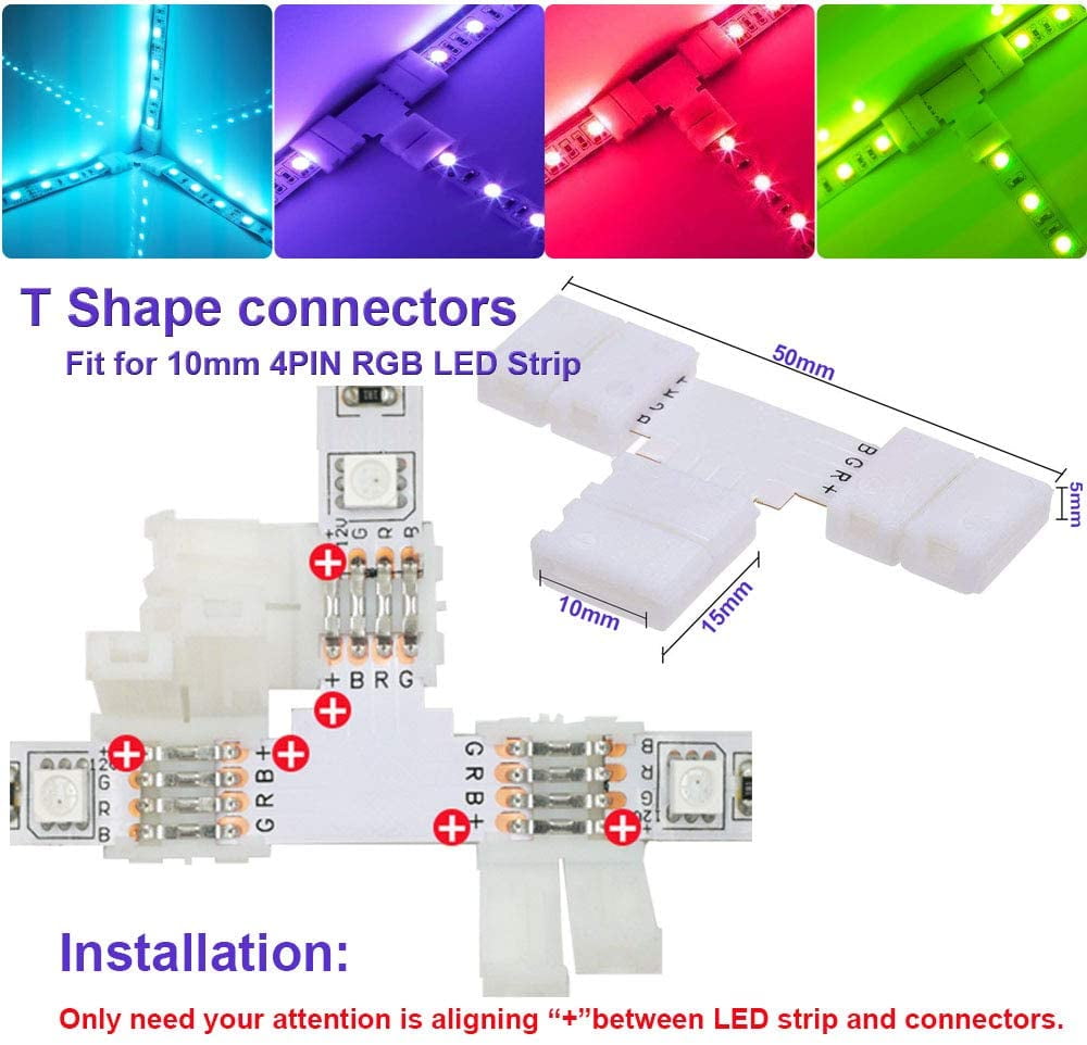 LED Strip Connector Kit for 5050 10mm 4Pin Includes RGB Splitter Cable, RGB Extension Cable, LED Strip Jumper, T and L Shape Connector