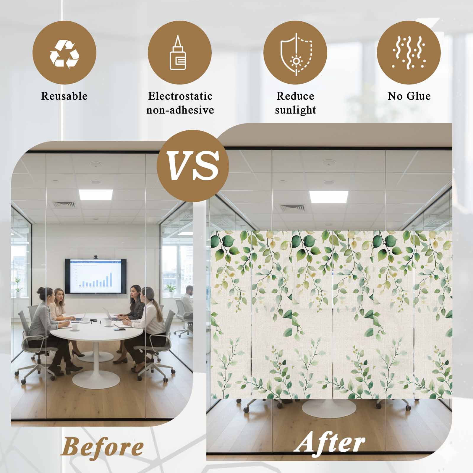 Green Eucalyptus Window Privacy Film, Country Nature Leaf Succulent Plant Static Cling UV Sun Blocking Tint Film Heat Control Windows Films for Bedroom Bathroom, Window Stickers 23.6"x59"