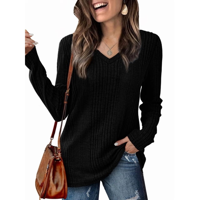 Blusas de Larga para Mujer, Camisetas con Cuello en V, Suéteres Tipo Túnica Ligeros, Moda Negro XL