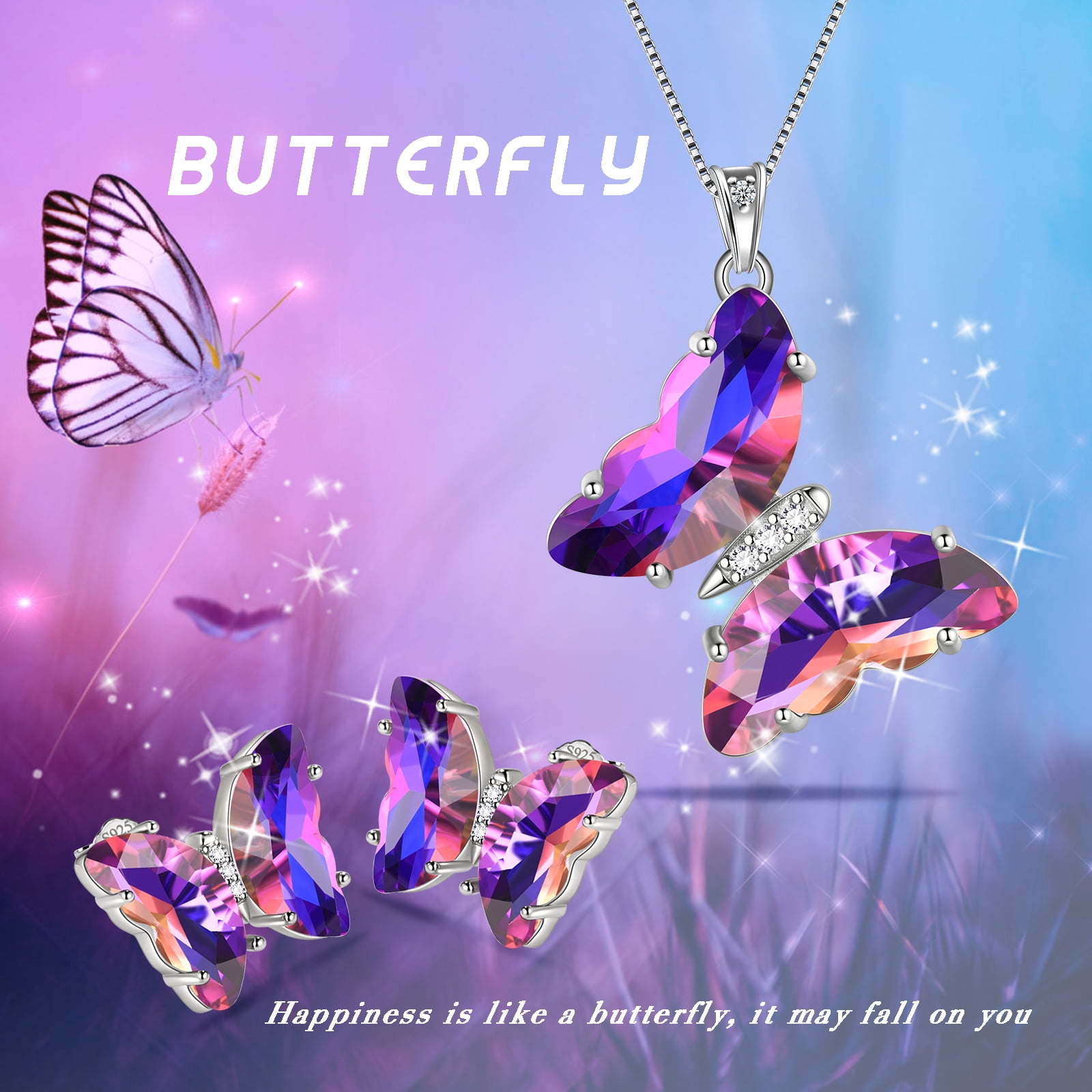 Purple Butterfly Jewelry Sets Necklace Earrings Sterling Silver, Amethyst Jewelry Set February Birthstone Crystal Women Birthday Mother's Day Gifts