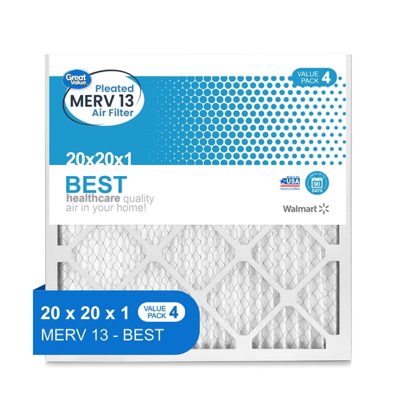 Great Value; 20x20x1; MERV 13 BEST HVAC Air and Furnace Filter; Captures Dust; 4 Filters