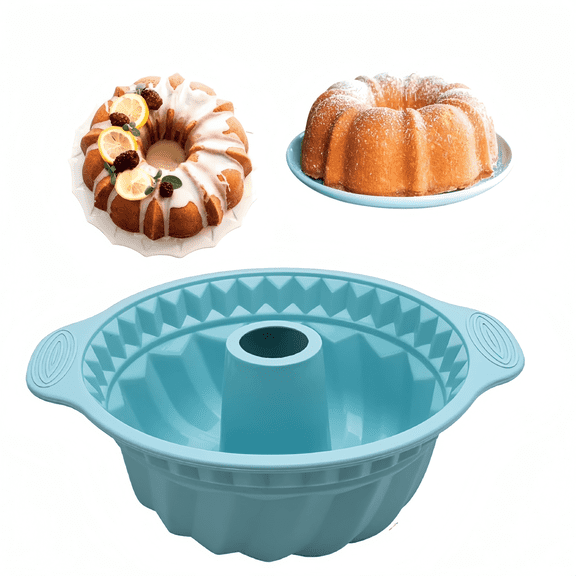 Silicone Fluted Pans, Bundt Cake Mold, Non-stick with Sturdy Handle, Baking Molds, Perfect Bakeware for Cake, Jello, Gelatin, Bread, Para Gelatinas, 9Inch (Blue)