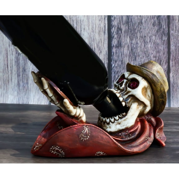 Rustic Western Gritty Budge Cowboy Skull Skeleton with Hat Drinking Wine Holder