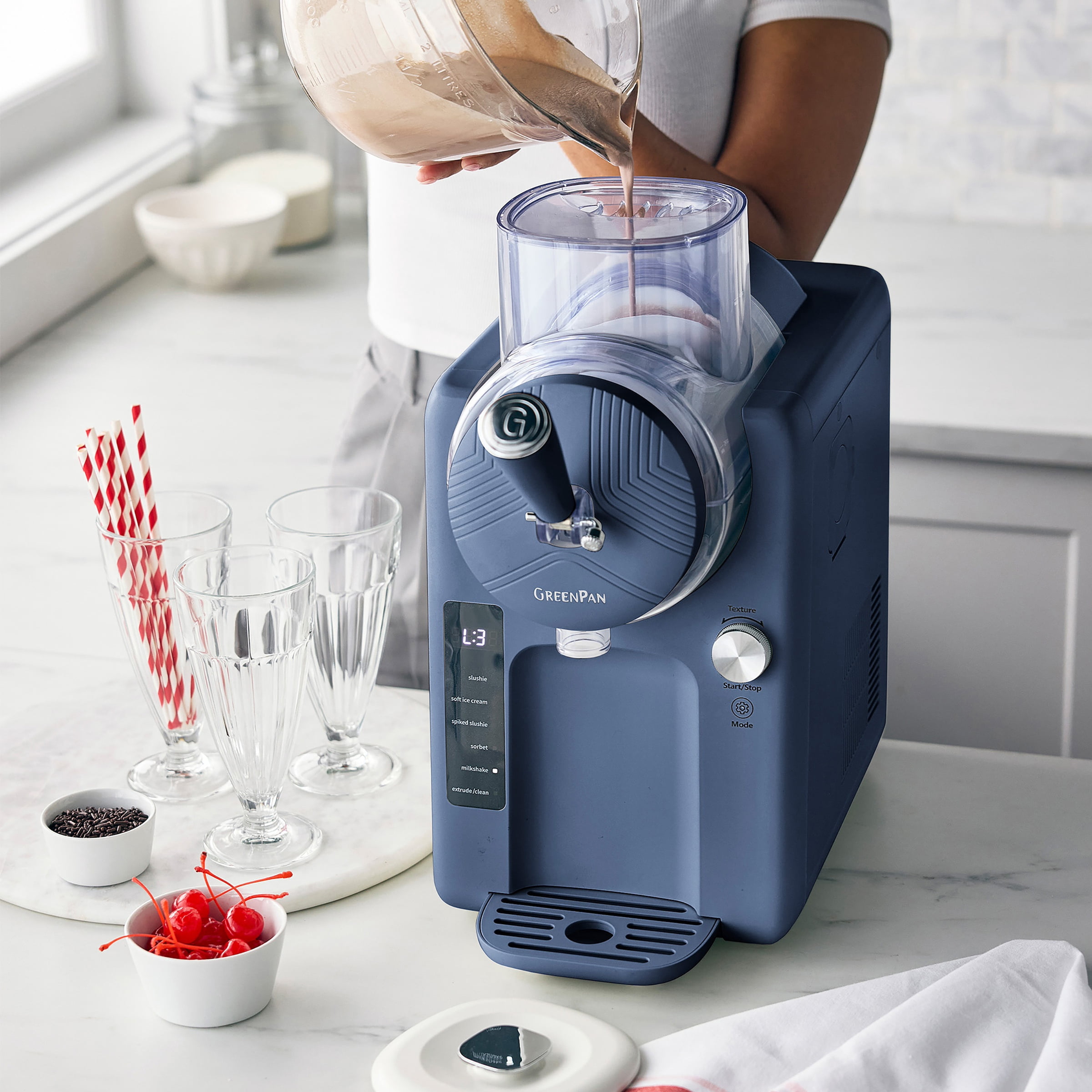 GreenPan Frost 6 Mode, 64 oz Ice Cream & Frozen Drink Maker, Dishwasher Safe Parts, Blue