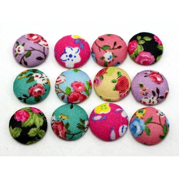 U8MO 50 Mixed Color Flatback Fabric Covered Round Buttons 12mm Cabochons Various-Flower Style