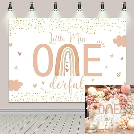 Image of Boho Rainbow 1st Birthday Party Backdrop Pink Girl Little Miss Onederful Photography Background Gold Dots Pastel Baby