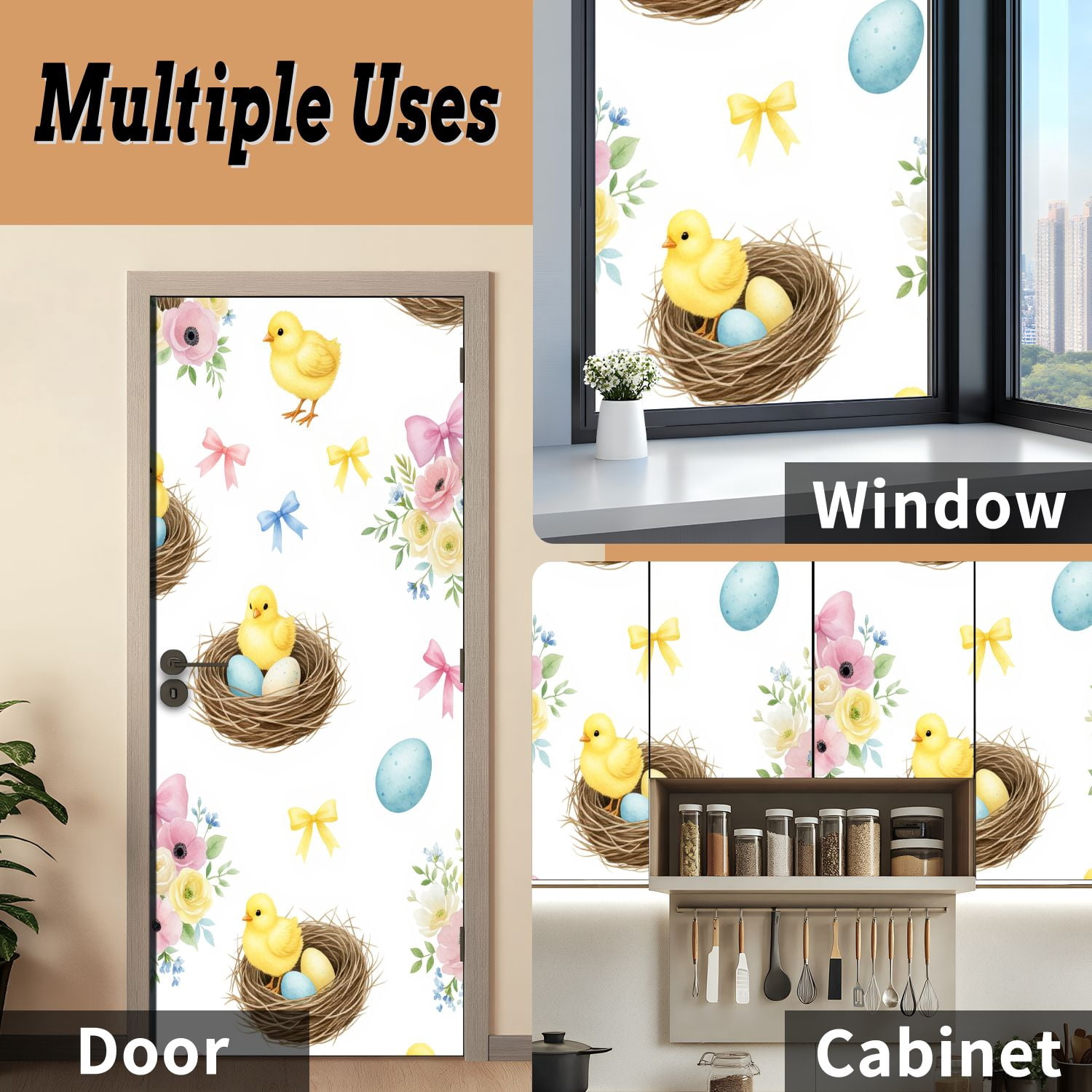 Self Adhesive Vinyl Refrigerator Wrap Set Spring Chickens Floral Nest Pink Ribbons Easter Eggs Door Mural Removable Fridge Sticker Peel and Stick&nbsp;Full Door Cover Decal Kitchen Bar Decor