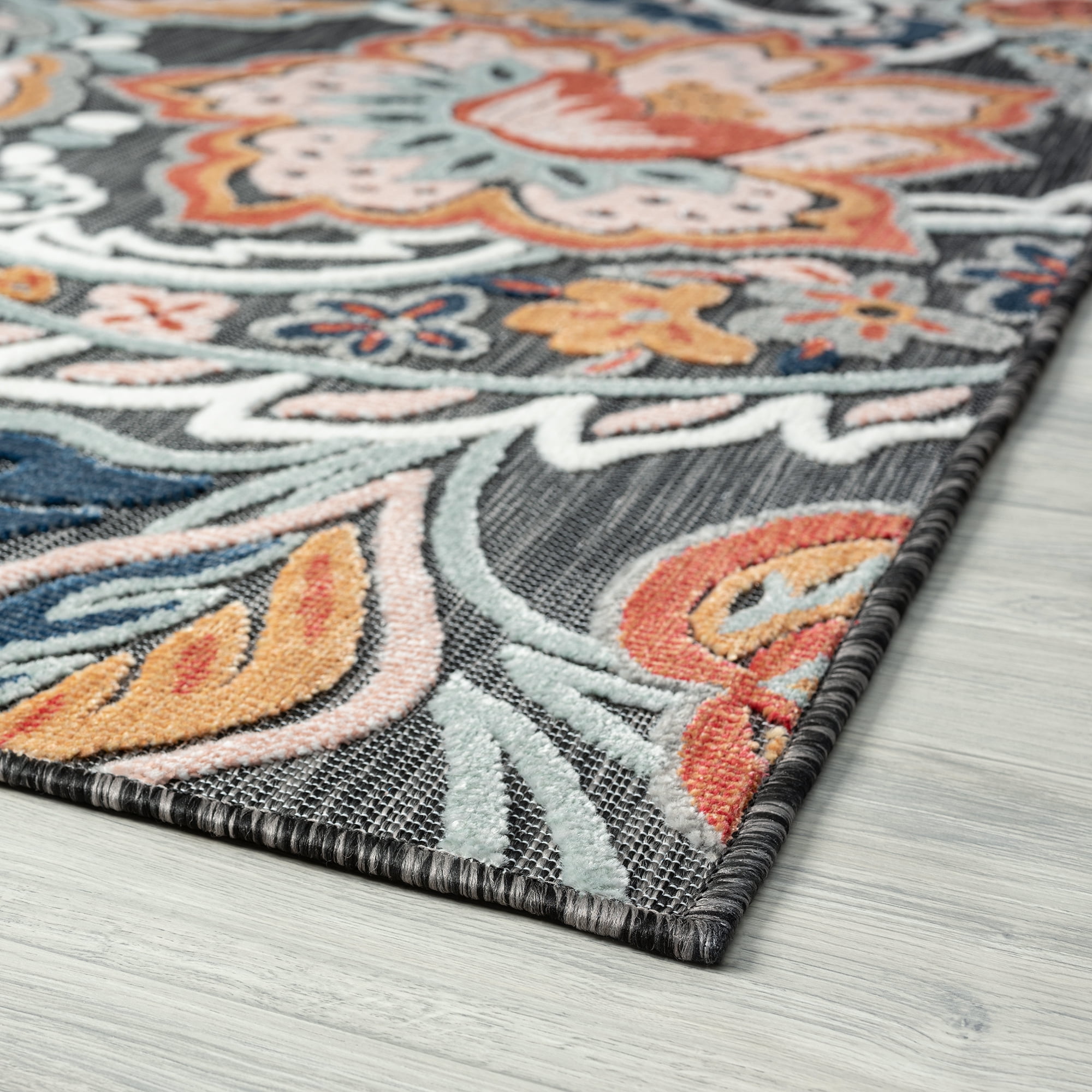 Bliss Rugs Floral Indoor Outdoor Rug Water Resistant Runner Rug for Patio, Hallway, Entryway, Deck, Black ,2' x 8'