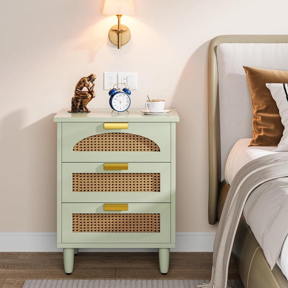 Tribesigns Rattan Nightstand, 3-Drawer Farmhouse Night Stand Side Table, Accent Bedside Tables