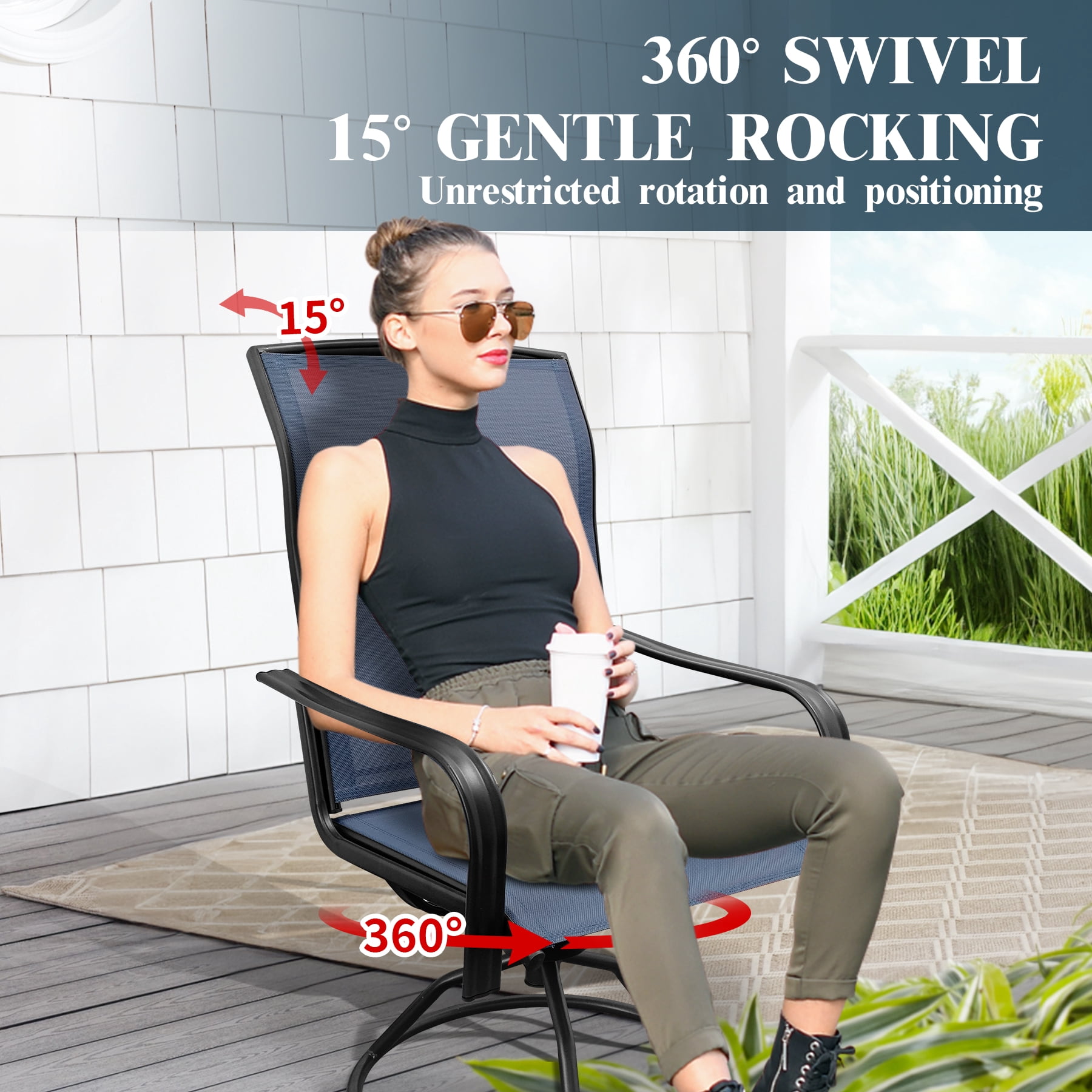 Set of 2 Patio Swivel Dinning Chairs: 360°Swivel & 15° Rocking Motion, Ergonomic High-Back with Weatherproof Teslin Fabric & Metal Frame for Backyard, Poolside, Garden & Porch