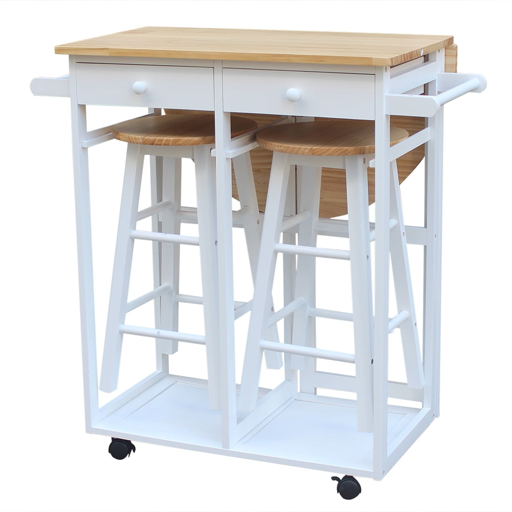 Kepooman 3-Tier Rolling Kitchen Cart, Folding Storage Cart with 2 Free Stools Kepooman 3-Tier Rolling Kitchen Cart, Folding Storage Cart with 2 Free Stools