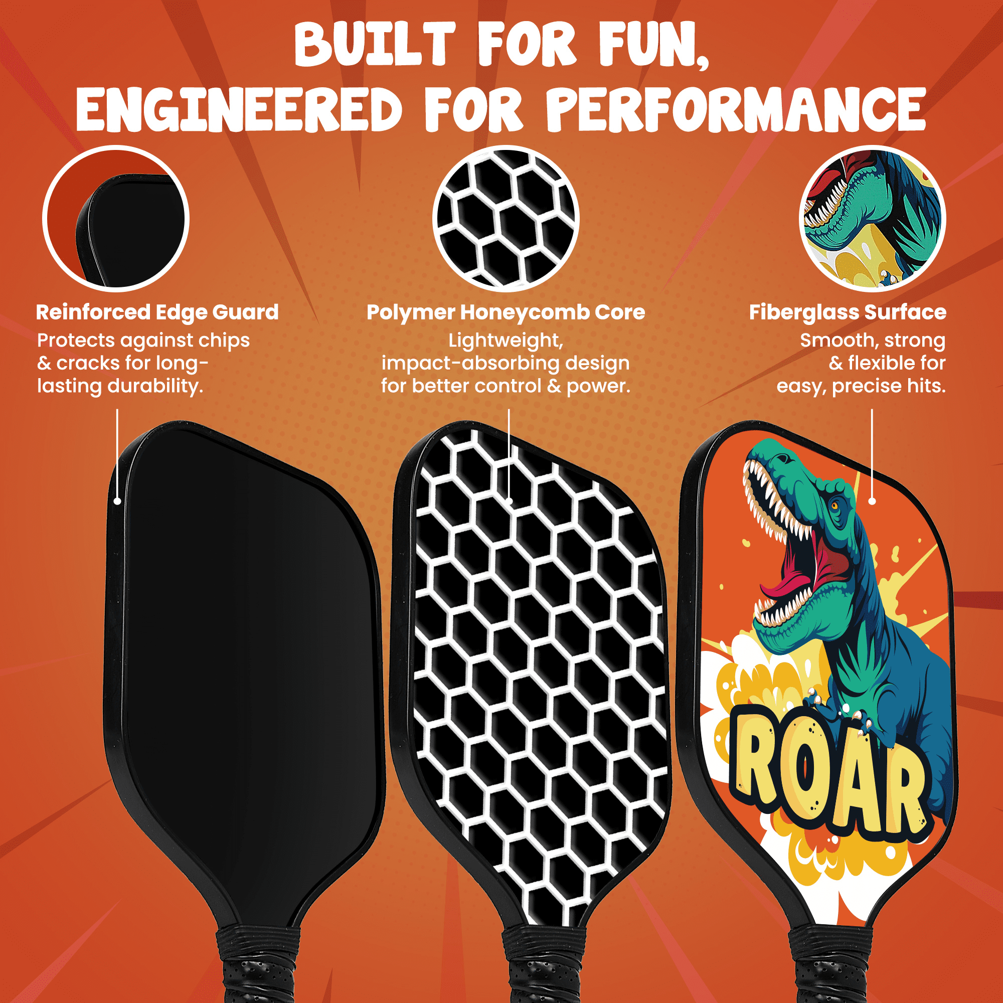 Kids Pickleball Paddle – Dinosaur Design for Ages 3–12 | Lightweight 0.37 lb Fiberglass Paddle with Small Grip | Fun Beginner Pickleball Gift for Boys & Girls