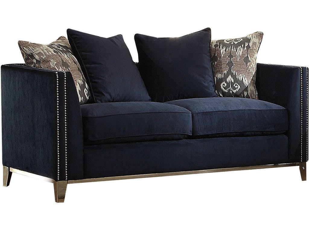 Navy Blue Fabric Living Room Furniture Sofa Set 2pc