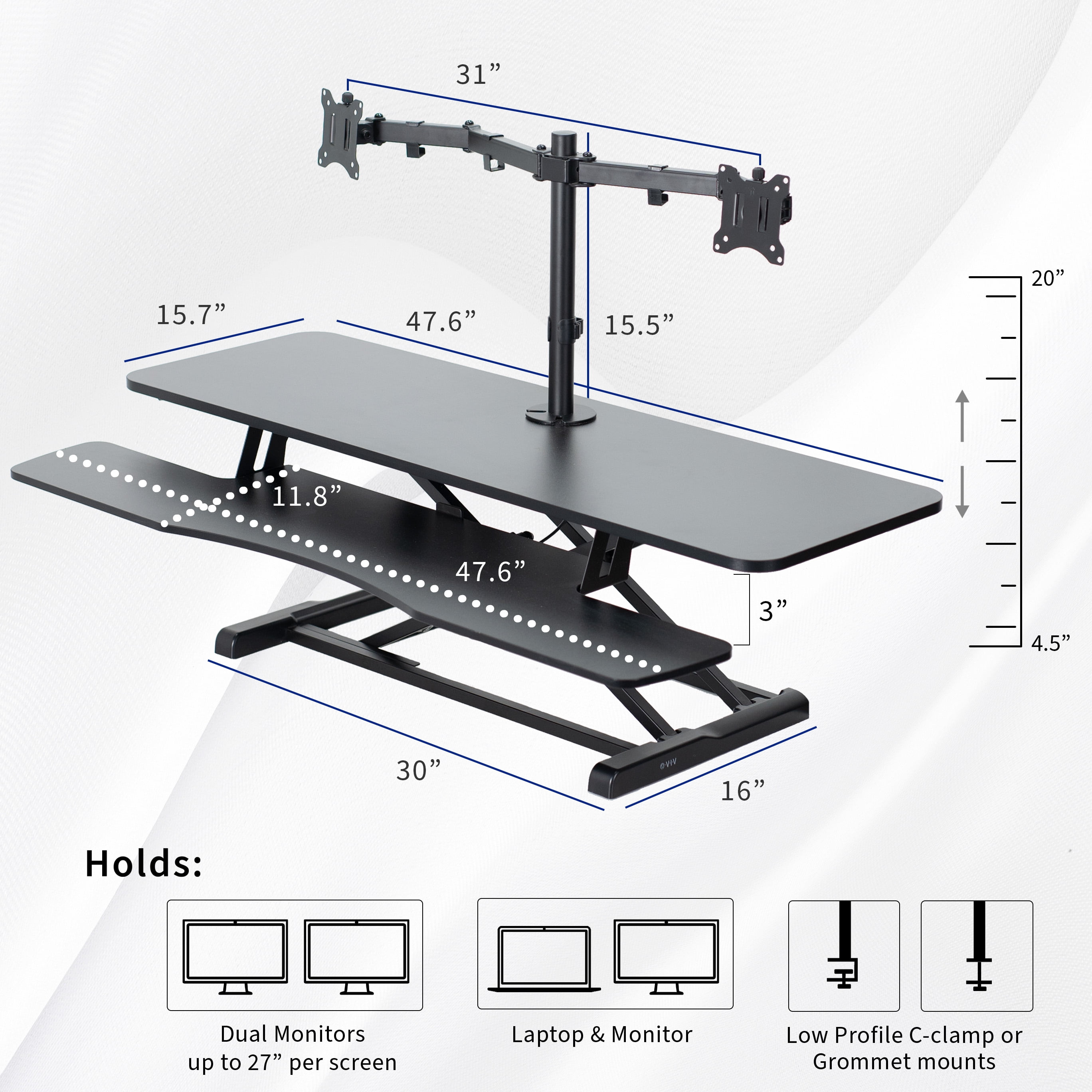 VIVO Black 48" Standing Desk Riser with Adjustable Dual 13" to 30" Monitor Mount