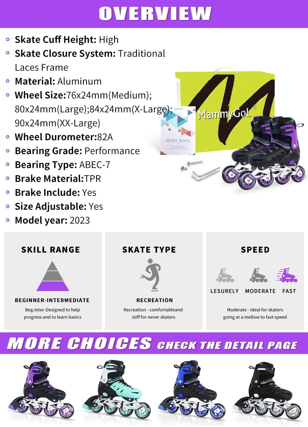 MammyGol Adjustable Inline Skates for Youth & Adults PU Wheels Safety Brake Purple (Teen Boys, Girls, Beginner-Friendly)
