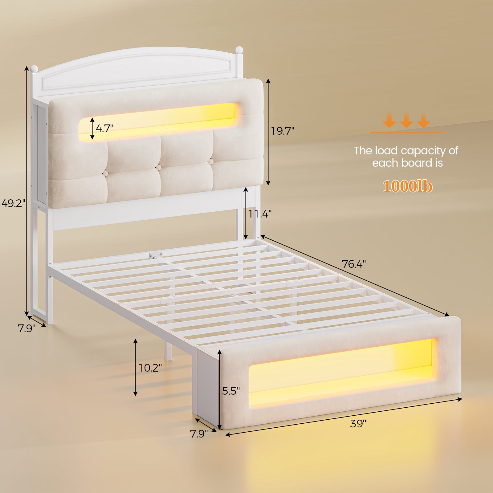Twin Size Upholstered Platform Bed Frame with LED Lighting, Storage Headboard and Footboard, Remote/App Control, No Box Spring Needed,White