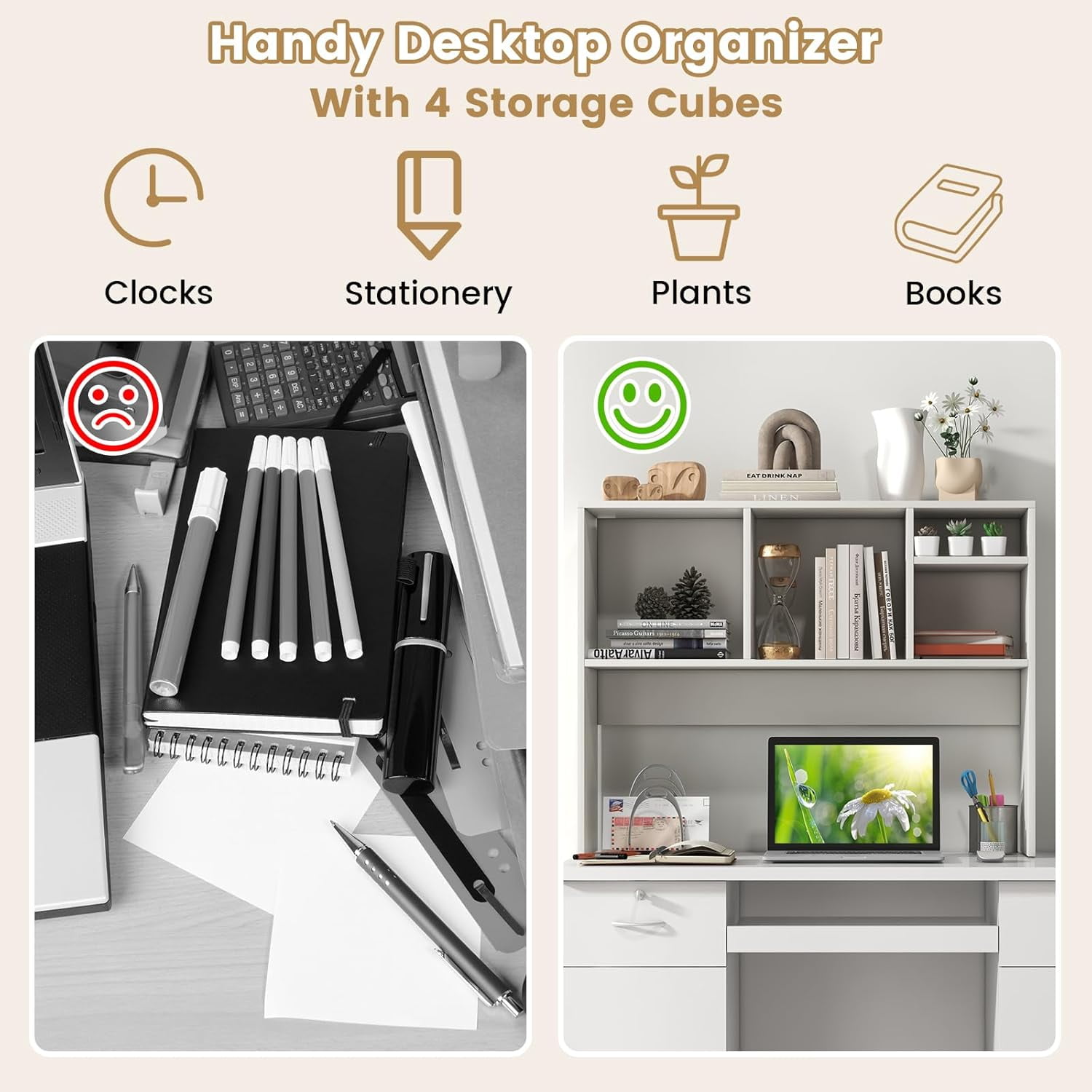 CRXX Desktop Bookshelf, Countertop Storage Hutch with 4 Shelves for Computer Desk, Dressing Tabletop Display Rack, Multipurpose Desk Hutch Storage Organizer for Home Office Dorm, White