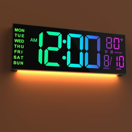 16 Large Digital Wall Clock with Remote Control, Dual Alarm with Big LED Screen Dispaly, 8 RGB Colors, Auto DST, Temperature for Living Room, Bedroom, Desk Decor, Mounted, Gift for Elderly