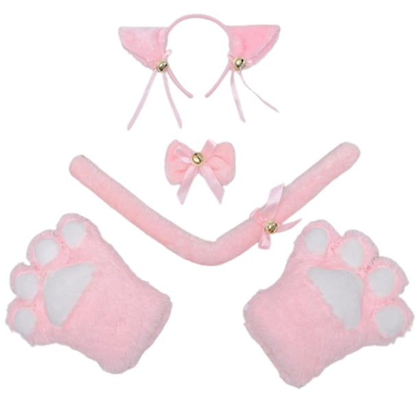 Juego de 5 piezas de disfraz de gato: orejas de gato y collar de cola, guantes de 2 patas para accesorios de disfraces de Halloween