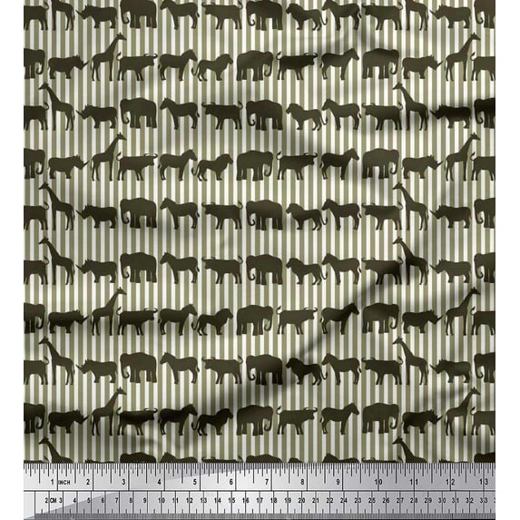 Soimoi Silk Fabric Stripe & Animals Group Print Fabric by Yard 42 Inch Wide