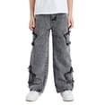 thumbnail image 2 of Y2k Jeans Star Patchwork Denim Pants for Boys and Girls, Loose Fit Wide Leg Jeans with Elastic Waist, Casual Streetwear Trousers for Kids(Light Gray,12_13 Years), 2 of 7