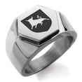 thumbnail image 1 of Stainless Steel Bull Bravery Coat of Arms Shield Engraved Hexagon Crest Flat Top Biker Style Polished Ring, 1 of 1