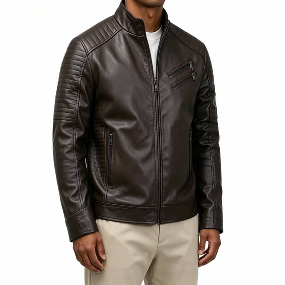 Xdegoge Mens Faux Leather Racer Jacket Stand Collar Motorcycle Biker Coat Quilted Paneled Zip Up Pu Outerwear Slim Fit Fall Winter Casual Vintage Windbreaker
