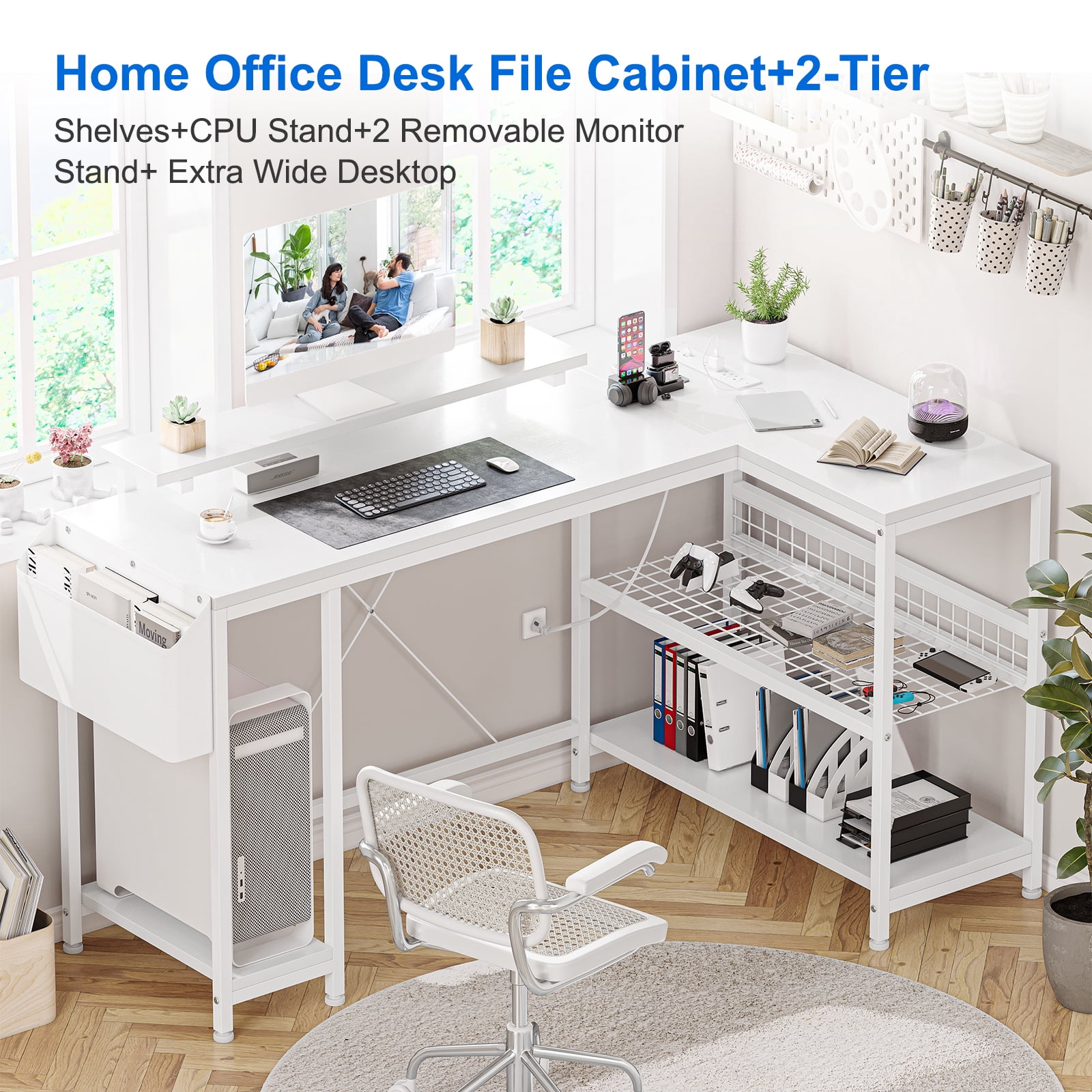 L Shaped Desk, Computer Gaming Desk with Power Outlet & Led Light, Reversible Corner Desk with Monitor Stand & Storage Shelves, Storage Bag for Home Office