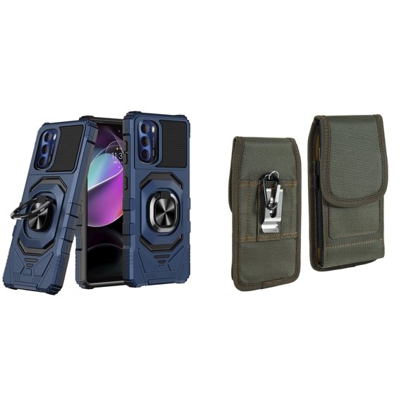Case with Belt Holster Bundle for Moto G 5G 2022: Heavy Duty Shield Cover (Blue) and Vertical Rugged Nylon Phone Pouch (Midnight Green)