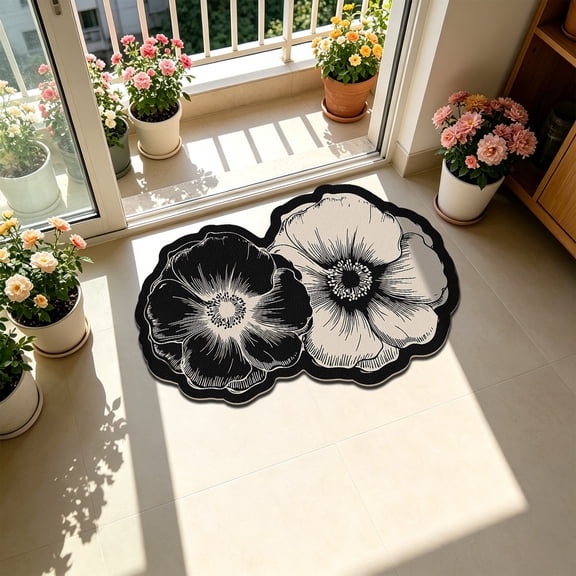 Floral Diatomaceous Earth Bath Mat, Quick Dry Bathroom Rug, 16 x 24 Inch French Floral Floor Mat for Shower Sink Vanity and Entryway, Absorbent Layered Surface with Scalloped Outline