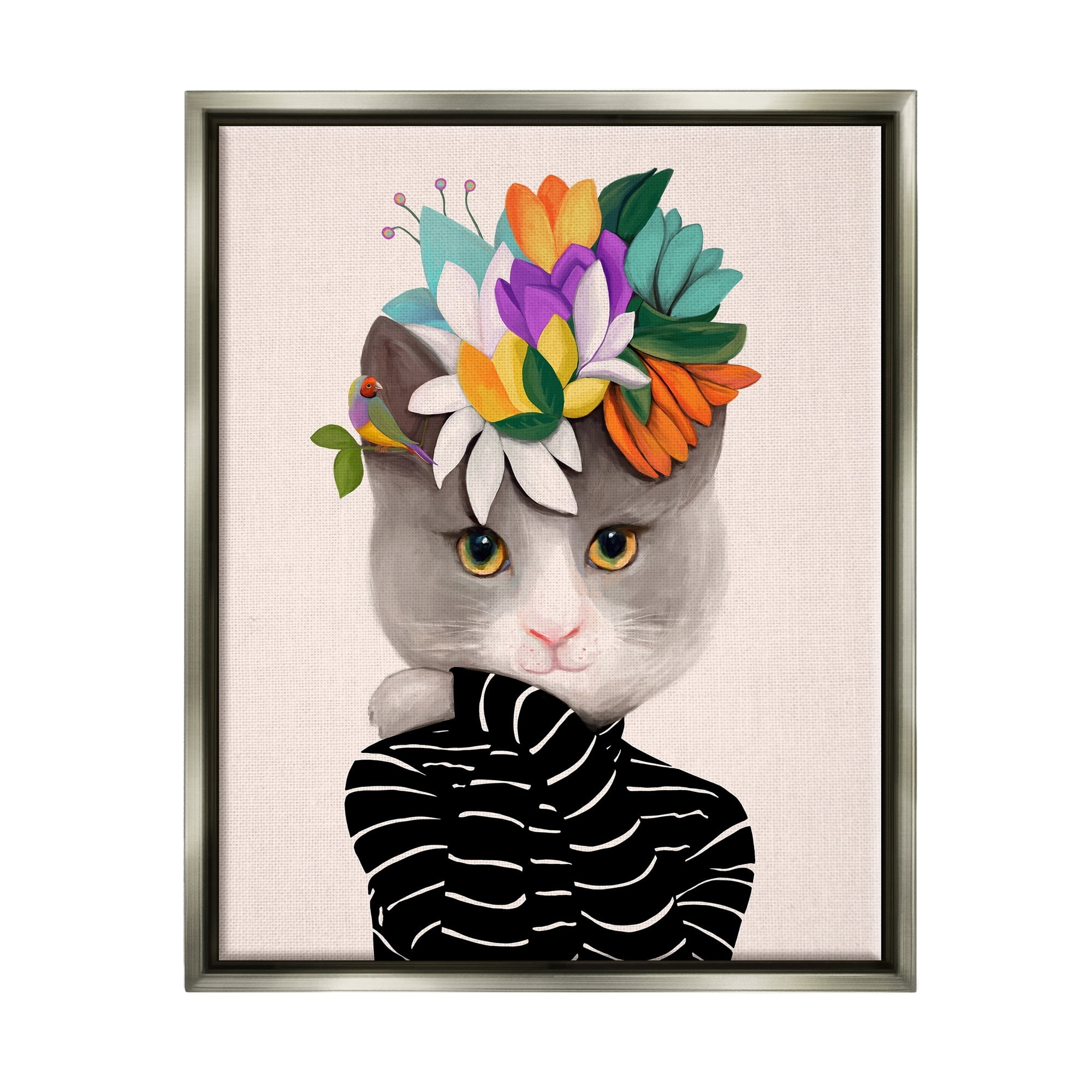 Stupell Industries Bold Floral Design Grey Cat Striped Sweater Luster Gray Framed Floating Canvas Wall Art, 24x30, by Ioana Horvat