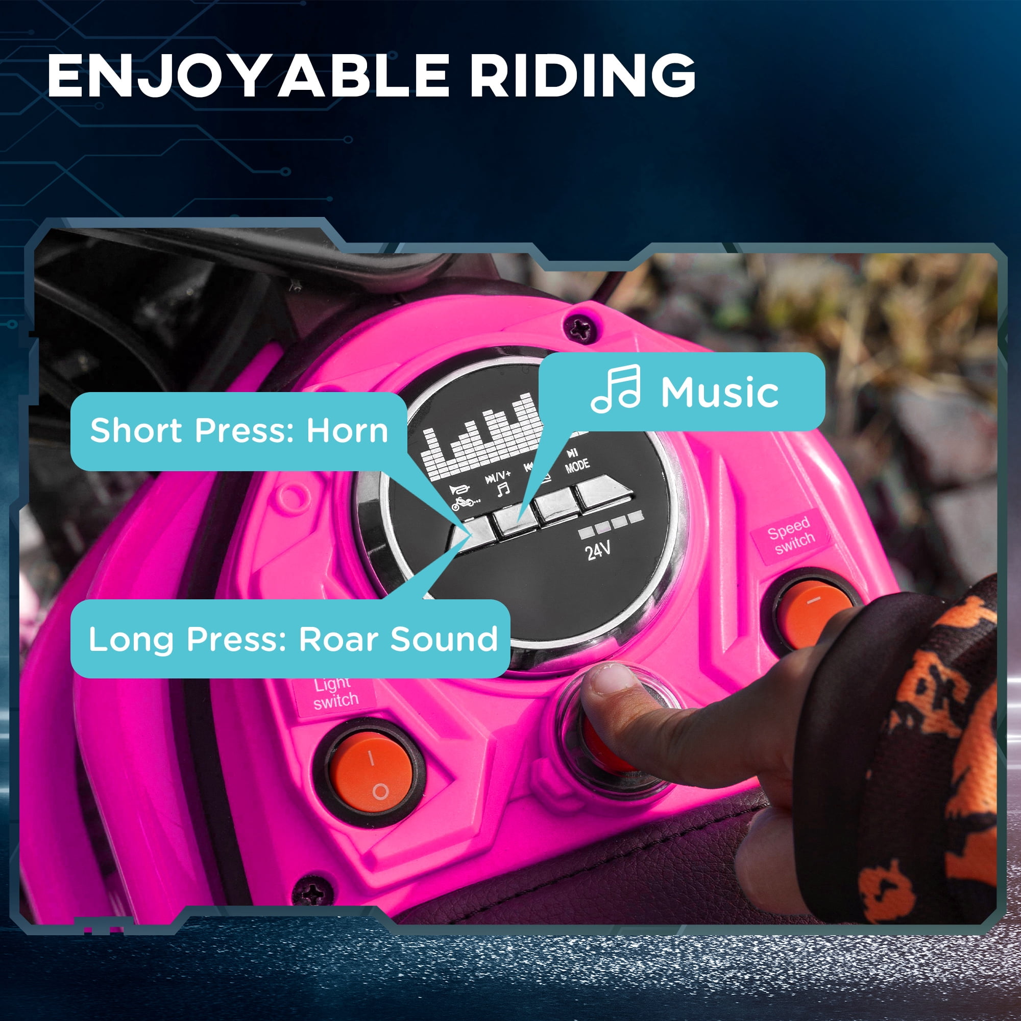 Aosom Electric Dirt Bike with Twist Grip Throttle, 24V 350W Electric Motorcycle, Up to 15 MPH with Music Horn, Rear Suspension for 13+ Years, Pink