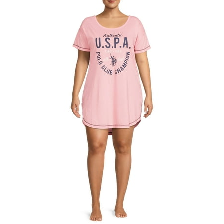 U.S. Polo Assn. Women's Plus Short Sleeve Pajama Night Shirt Dress with Scoop Neckline
