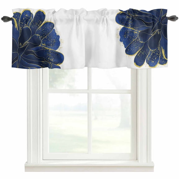 Navy Blue Gold Kitchen Valances for Windows, Abstract Line Art Troditional Ink Painting Bathroom Window Valances 42x18 Inch Rod Pocket Window Treatments Valance Curtains for Living Room Bedroom Decor