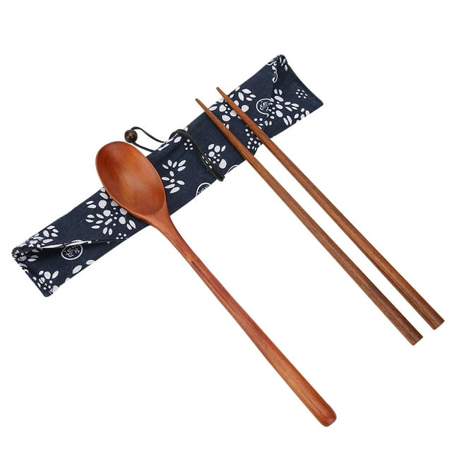 Heaveant Wood Tableware, Portable Wood Tableware Set Chopsticks Coffee Spoon Kit for Outdoor Travel Office Use
